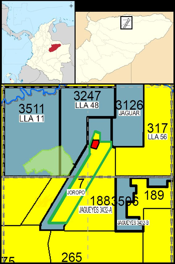 Joropo Block location map showing adjacent blocks LLA 11, LLA 48, Jaguar and LLA 56
